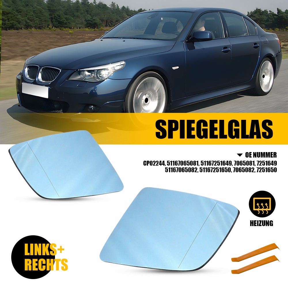 2x Links Rechts Spiegelglas Glas Blau Beheizbar für BMW 5er E60 E61 6er E63 E64