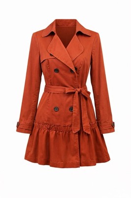ELLE Rust Colored Trench Jacket Medium Belted Double Breasted Peplum Coat