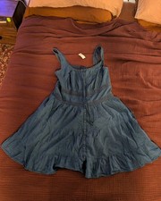 GAP XL Tall Blue cotton mini Sundress Square Neck Sleeveless Button crochet Trim