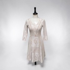 Boho Charm Romantic Nude Lace Overlay Cream Antique White V Neck Dress Sz 0 EUC