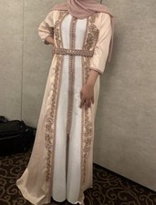 Women's Kaftan Embroidered Beige White Satin Dress Size S