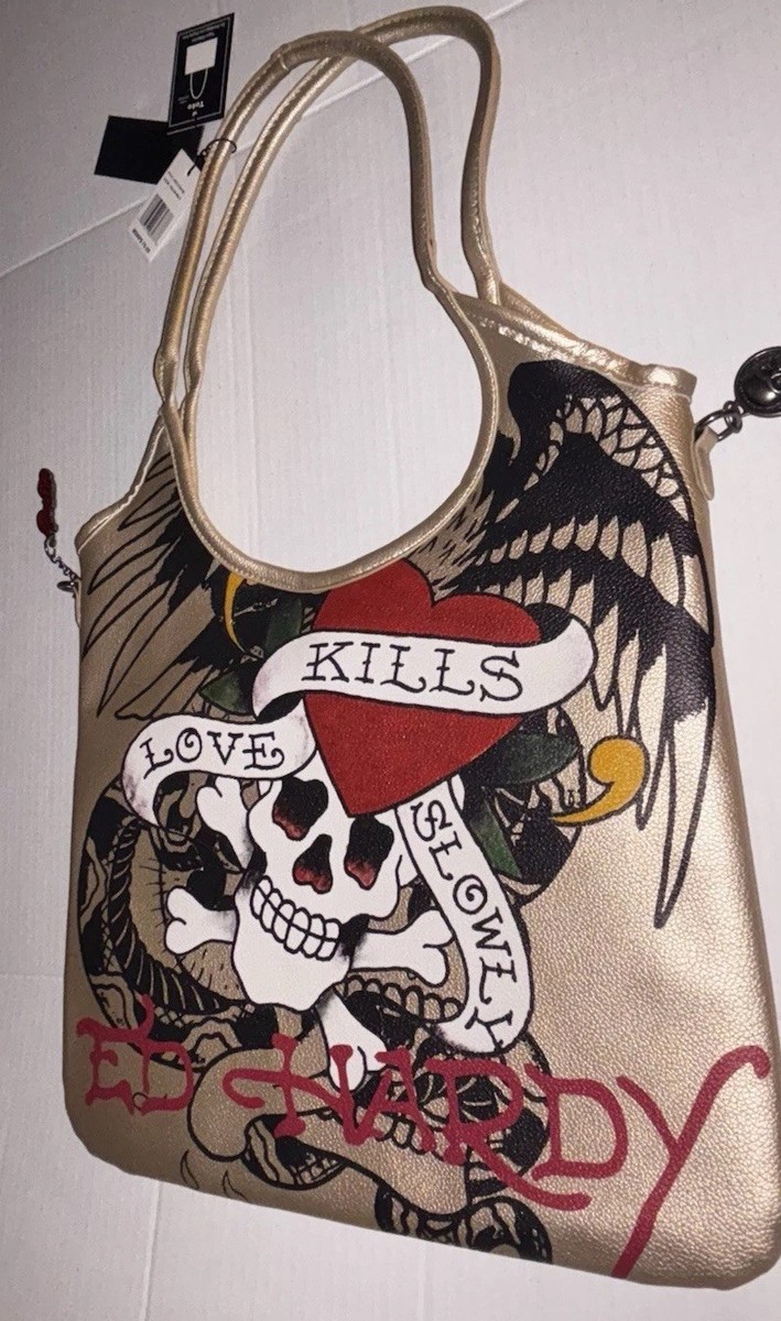 Ed Hardy Gold Tote Bag Messenger Bag Love Kills Slowly Skull  display picture 3