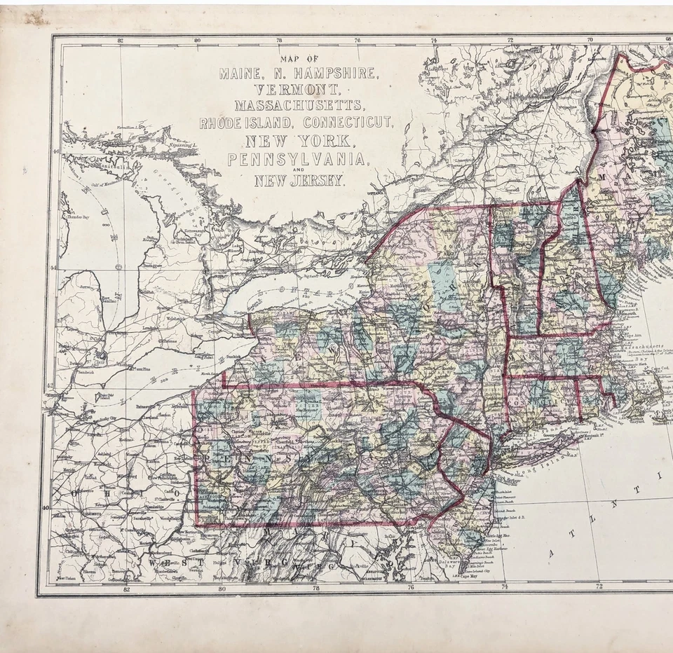 1875 Map  NEW ENGLAND - NEW YORK - PENNSYLVANIA - MAINE Original (17x12) - Image 2 of 3