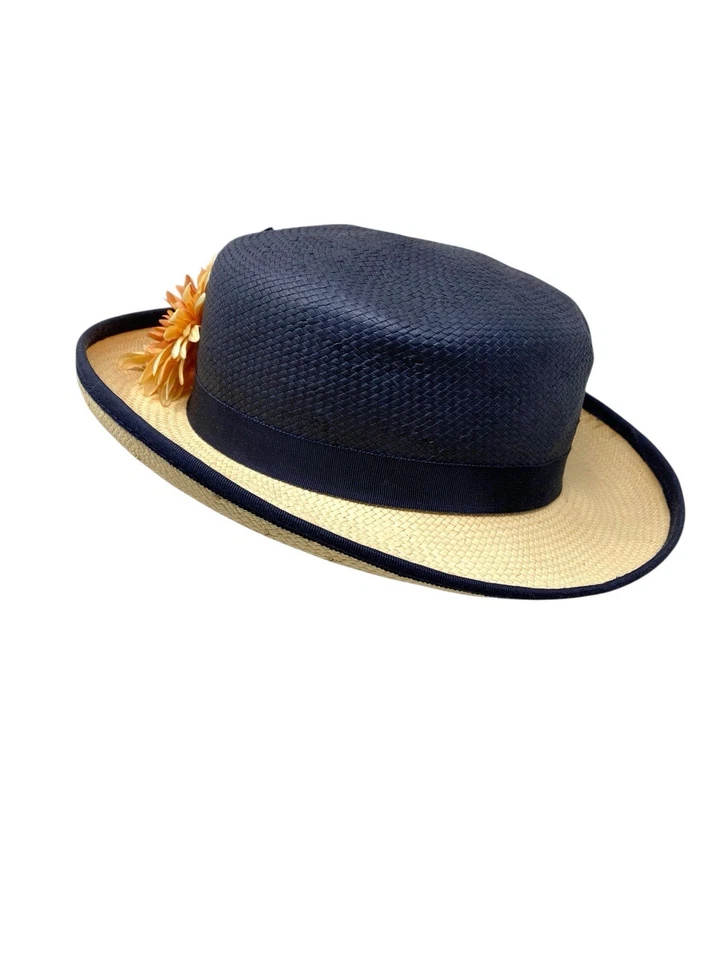 Sombrero de paja girasol clásico vintage TOP THIS INC para mujer años 90 azul marino y arena Foto 4 de 4