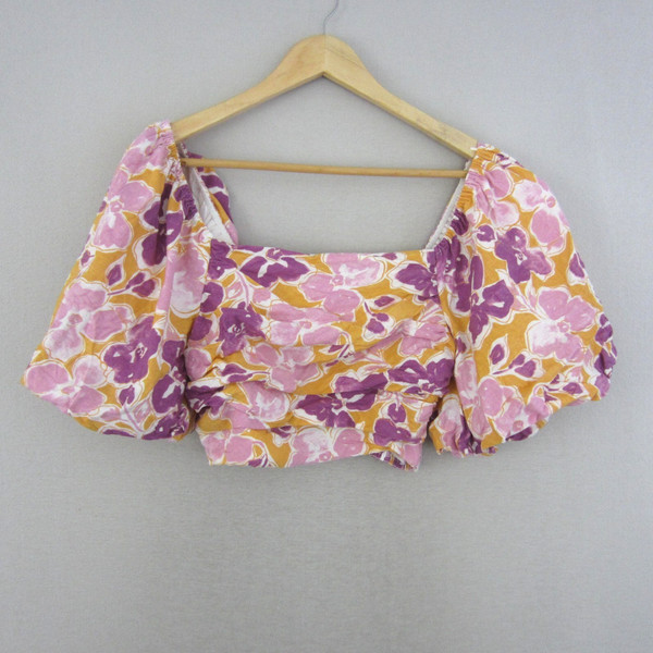 Sportsgirl Top Womens 12 Purple Yellow Floral Linen Crop Smocked Peasant Blouse