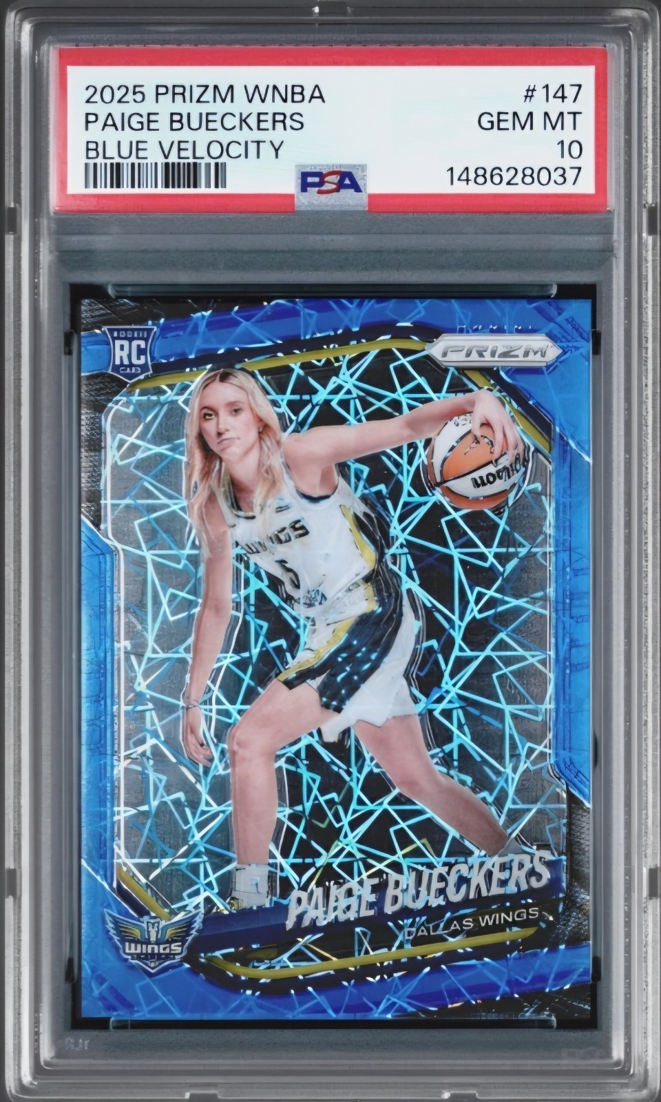 Panini 2025 Prizm WNBA Paige Bueckers BLUE VELOCITY #147 PSA 10 RC view 2