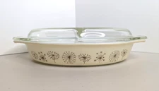Vintage Pyrex Dandelion Divided Casserole Dish with Lid 1 1/2 Quart
