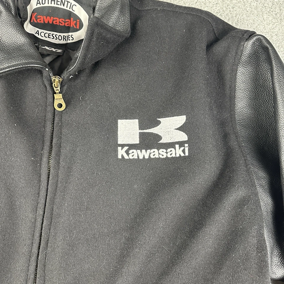 Chaqueta de carreras Kawasaki oficial vintage de cuero negro con logotipo Kawasaki Foto 2 de 4