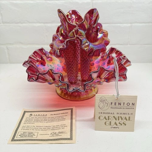 Fenton Art Glass 3 Horn Mini Hobnail Epergne Ruby Red Carnival Museum Collection
