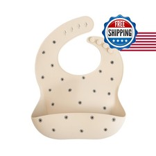 mushie Silicone Baby Bib Adjustable Fit Waterproof Black Daisy