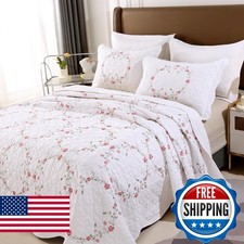 ROOMLIFE Quilt Set 3 PCS Full Size White Circular Floral 3D Embroidery Cotton
