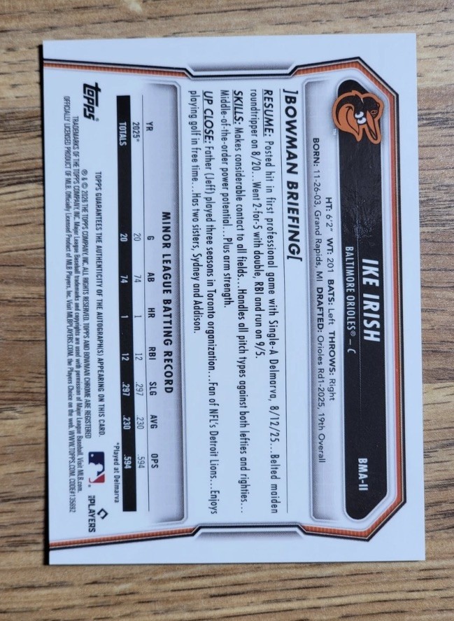 2026 BOWMAN CHROME IKE IRISH ORANGE MOJO REFRACTOR AUTO 8/25 ORIOLES COLOR MATCH view 2