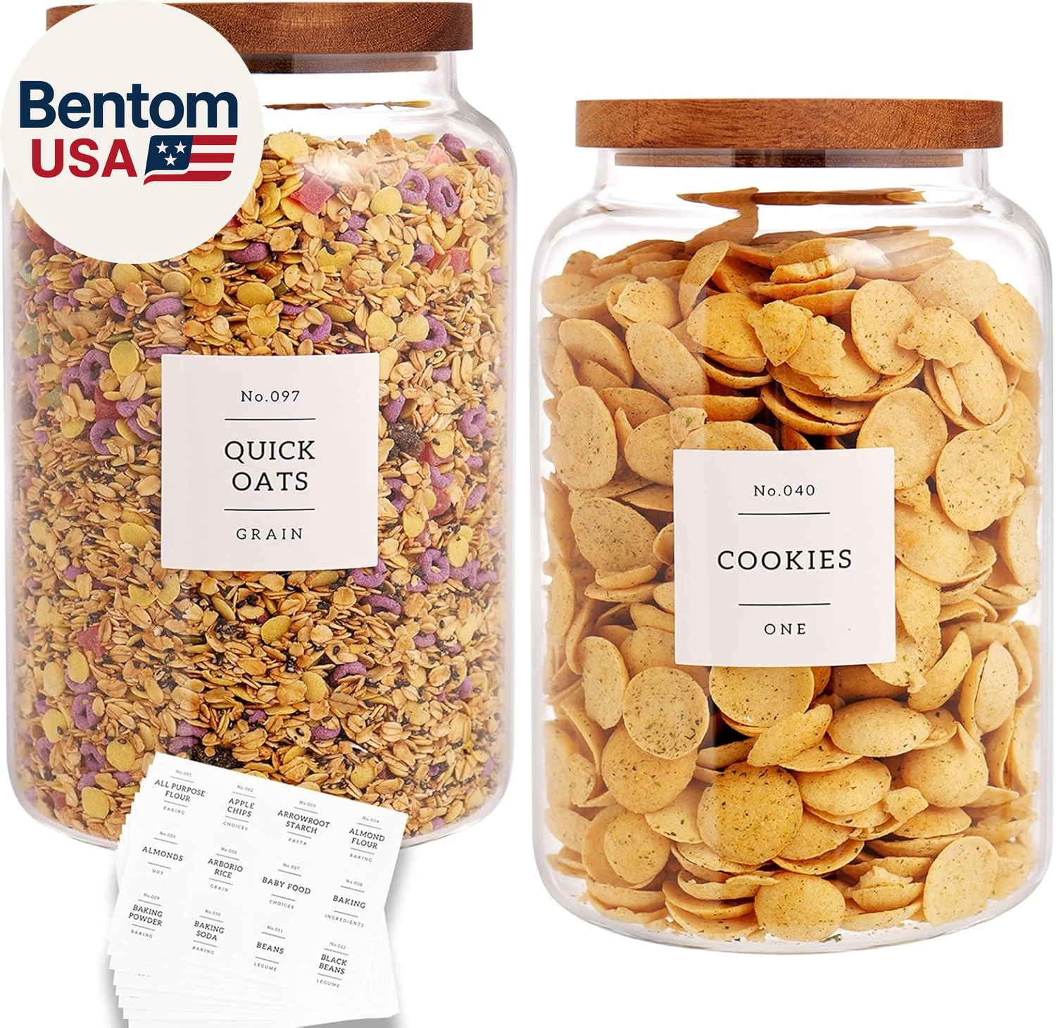 Set of 2 Large Glass Flour and Sugar Containers with 132 Pantry Labels - Glass F