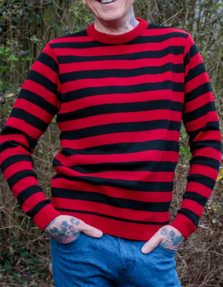 Red striped shop sweater mens