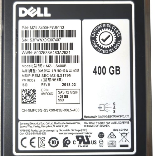 Dell Samsung MZ-ILS400B Enterprise Class 400GB 2.5 12Gb/s SAS SSD w/ Tray MFC6G - Afbeelding 4 van 5