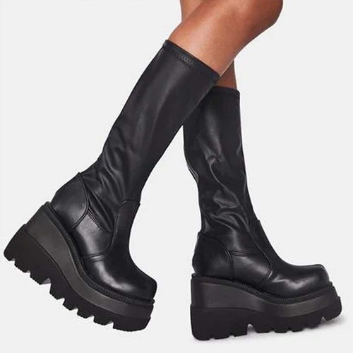 Mid Calf Boots Ladies Gothic Punk Lace Up Chunky High Heel Platform Shoes - Picture 6 of 14