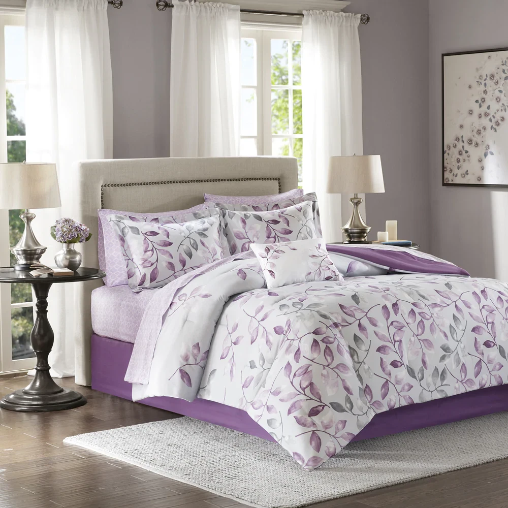 NEW COZY CHIC PURPLE GREY LILAC LAVENDER LEAF LEAVES COMFORTER