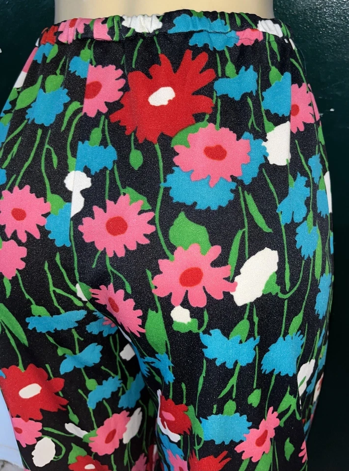 Pantalones Alex Colman Vintage Años 60 Neón Floral Cintura Alta Pierna Ancha Poliéster-Pequeños 4-6 Foto 3 de 4