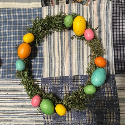 Handcrafted Easter Egg Wreath Green Moss & Bright Pastel Colored Eggs