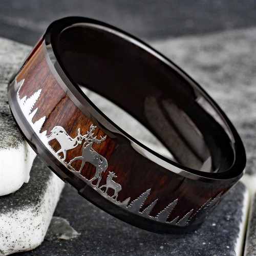 Black Tungsten Men's Ring Deer Family Forest Scenery Wood Wedding Band - Picture 6 of 10