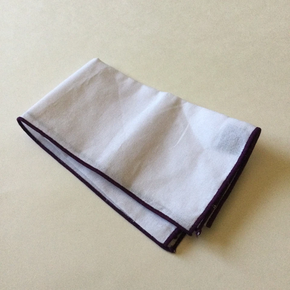 NORDSTROM BOLSO MASCULINO ALGODÃO QUADRADO BRANCO COM BORDAS COSTURADAS BERINJELA NOVO SEM ETIQUETAS - Imagem 3 de 4