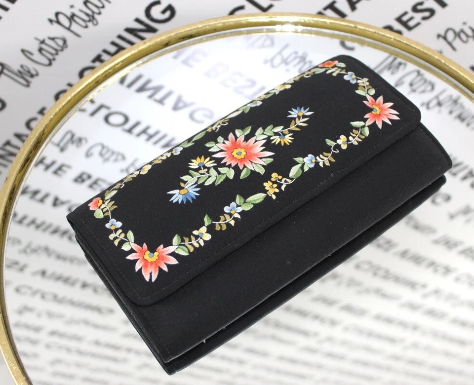 Vintage RETRO Clutch Purse Black w Colorful Floral Embroidery Hong Kong 60s NOS - Image 2 of 4