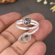 Genuine Spiral Band Adjustable Ring With Sterling Silver Raw Herkimer Diamond
