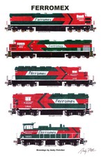 Póster de locomotoras rojas y verdes Ferromex 11"x17" firmado por Andy Fletcher