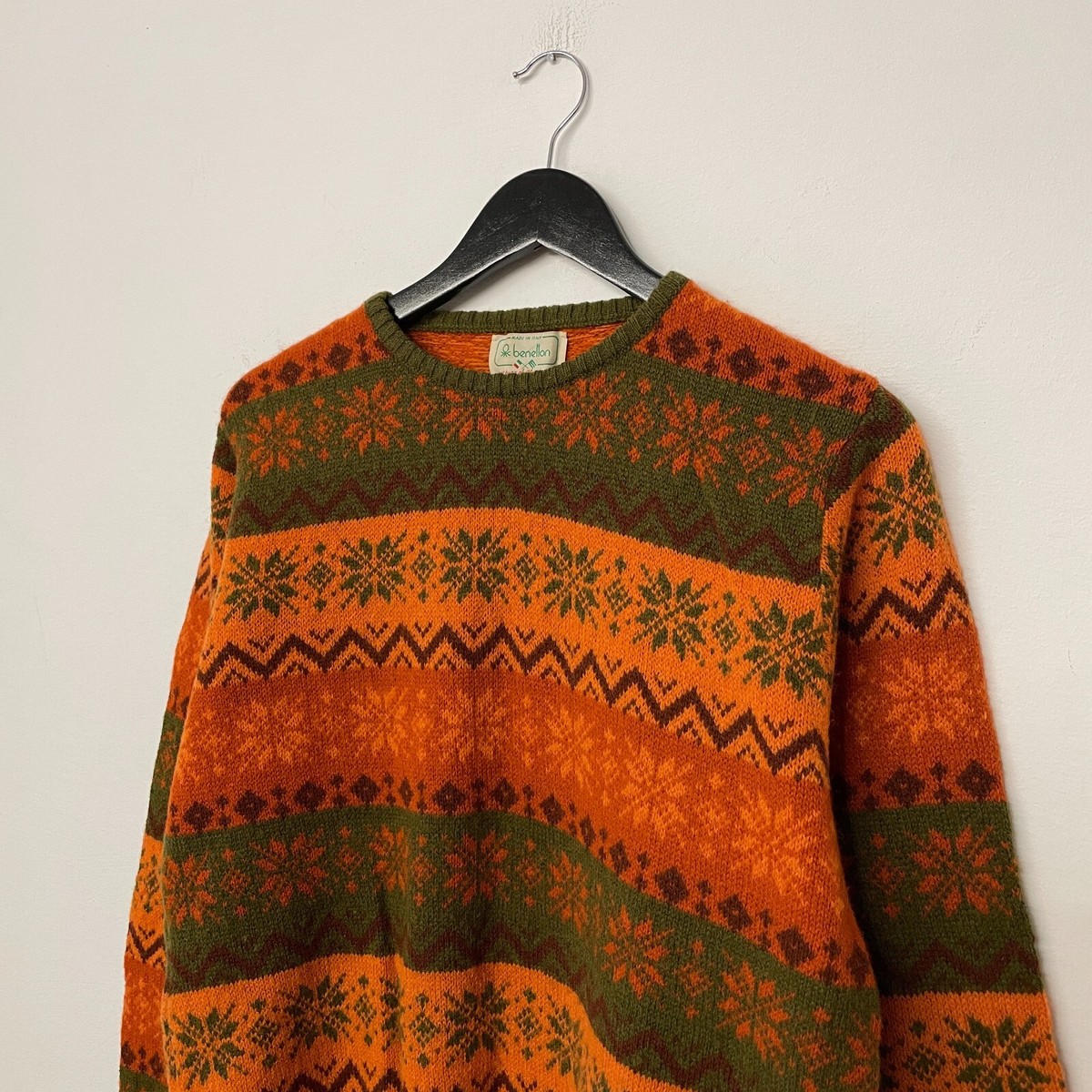 Vintage 90s Benetton Shetland Wool Geometric Pattern Knit Sweater