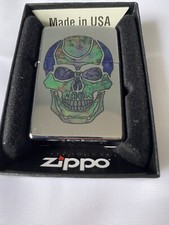 Zippo Skull Fusion Design Lighter Colorful Skull on Chrome - New in Box