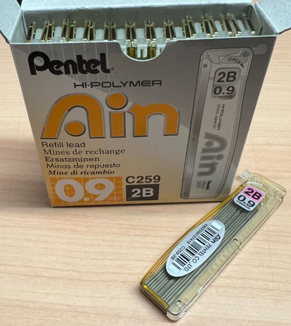 PENTEL PENCIL LEAD REFILLS 2B 0.9MM HI-POLYMER FINE NIB BLACK (12 PACKS OF 36)
