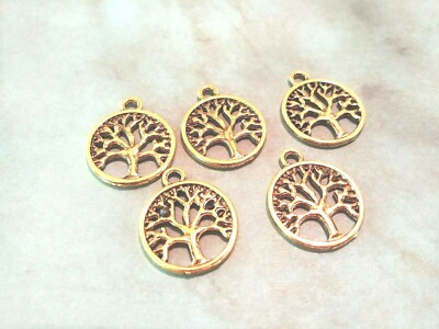 5 Tree of Life Charms Pendants Antiqued Gold Open Filigree Circle Findings 20mm