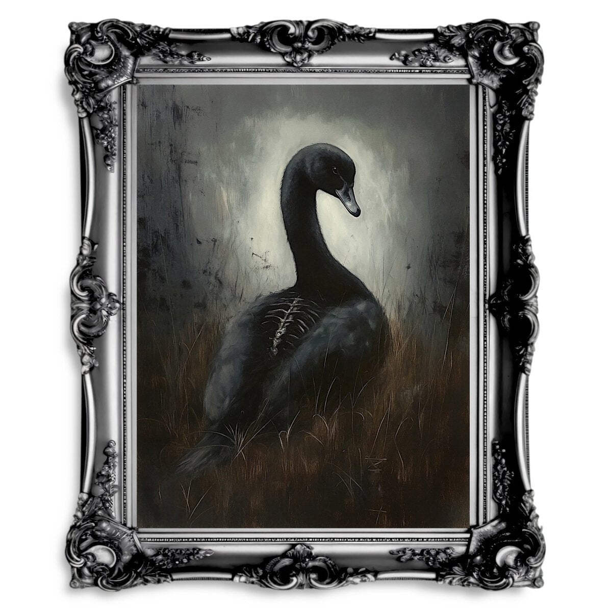 Haunting Black Swan Wall Art Print – Gothic Surrealism with