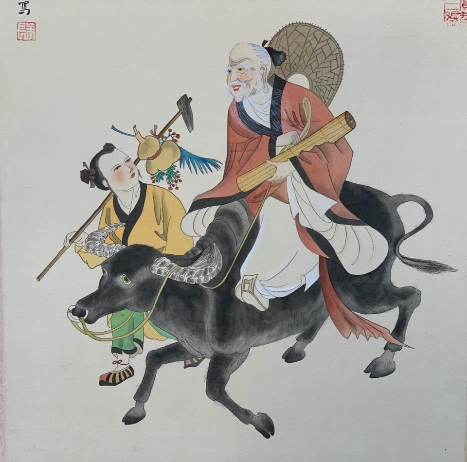ANTIGUA PINTURA FOLCLÓRICA CHINA ASIÁTICA ANTIGUA ZIQI Y BOYA HOMBRE SABIO VIAJERO EN OX Foto 4 de 4