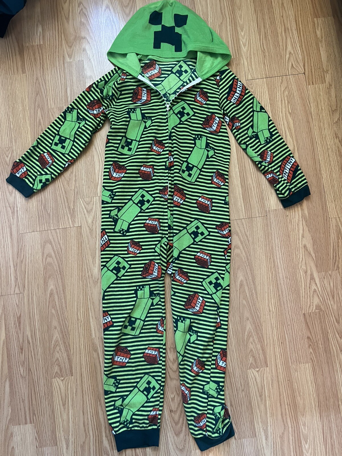 NWOT Minecraft One Piece Pajama Creeper Hoodie Union Suit Boy Girl Size L 12/14