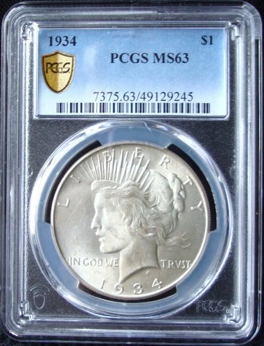 1934 Peace Silver Dollar - PCGS MS 63 - Gold Shield