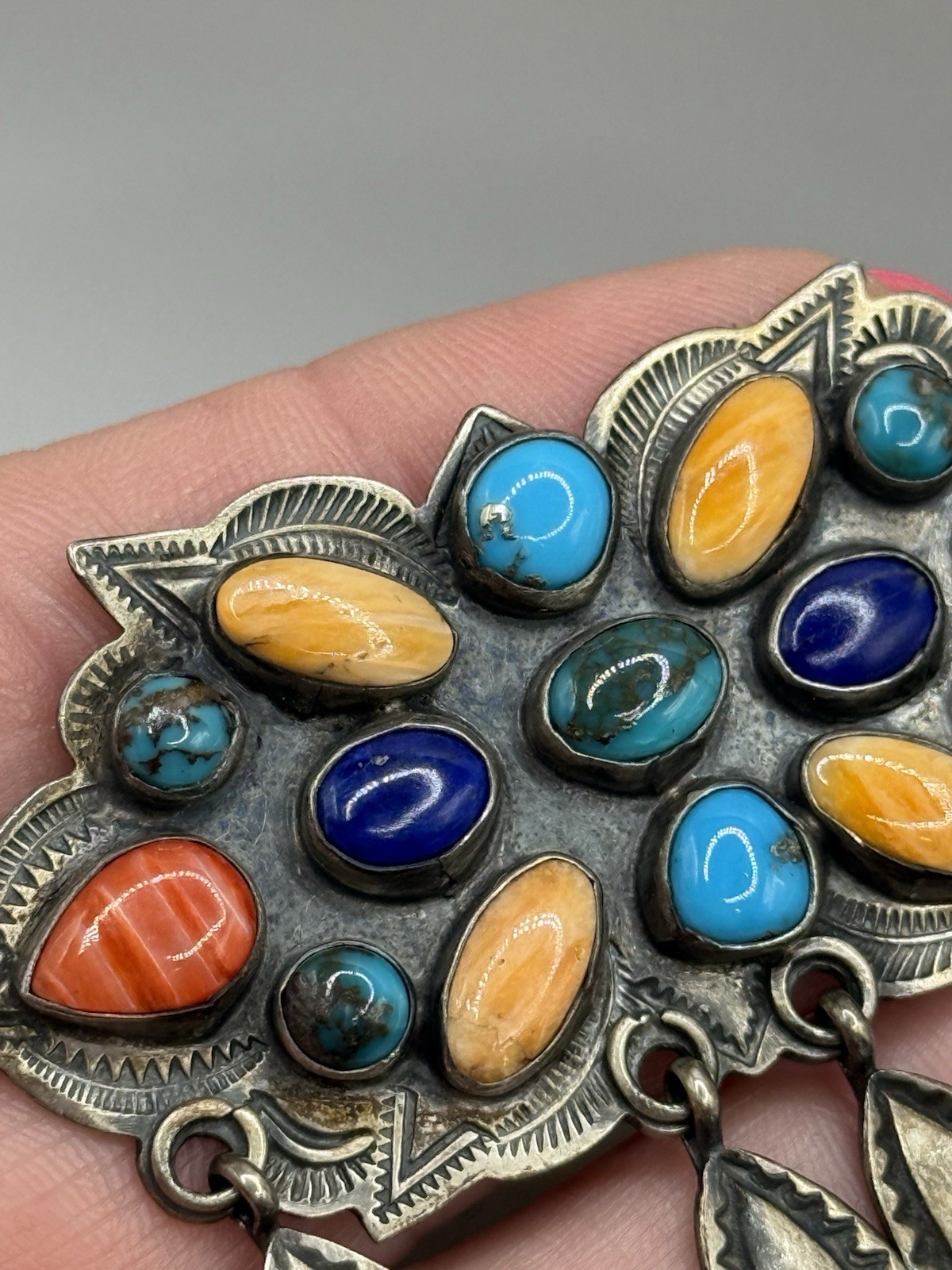 Tom Gilbert Signuture Vintage Sterling Silver Navajo Signed Gilbert Tom Multi Stone Brooch ...
