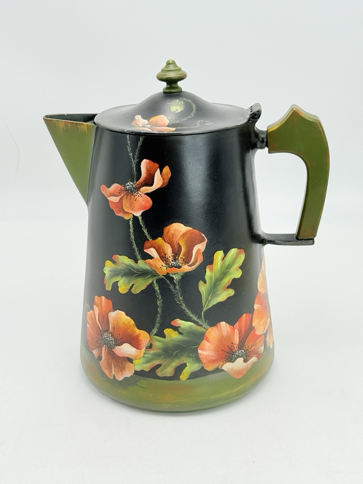VTG Hand-Painted Poppy Coffee Pot Metal Floral Farmhouse Kitchen Cottage D&eacute;cor