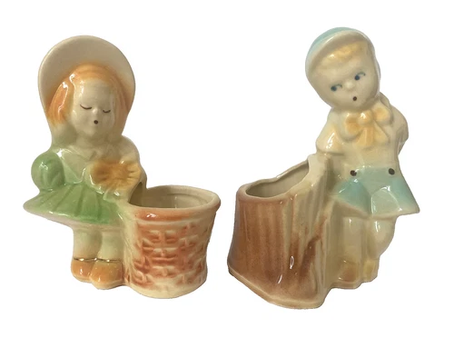 Vintage PAIR of SHAWNEE USA PLANTERS BOY w/TREE STUMP & BONNET GIRL #533/534~MCM