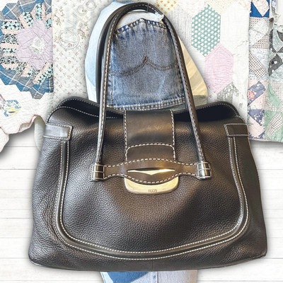 TODS Black Pebbled Genuine Leather Magnetic Flap Satchel Shoulder Bag