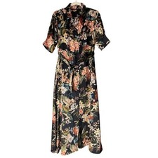 T3 TRY ME Floral Print Maxi Shirt Dress Black Pink Orange Green Belted Size S