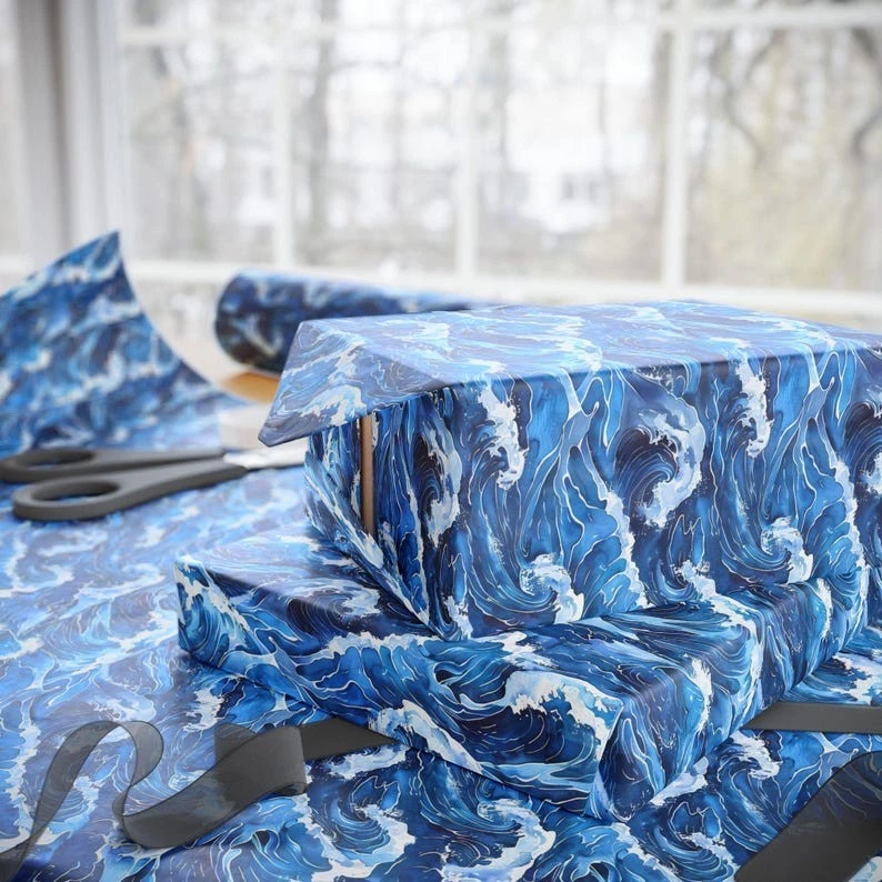 Papel de envolver acuarela azul ondulado, envoltura de regalo tema océano náutico japonés Foto 3 de 4