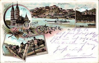 LITHO GRUSS AUS KOBLENZ HÄUSER AN DER MOSEL + FORT CONSTANTIN 5 BILD COL. 1896
