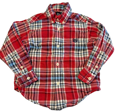 2T todder boys CHAPS Red White Blue LS Plaid Oxford Preppy Button Dress Shirt