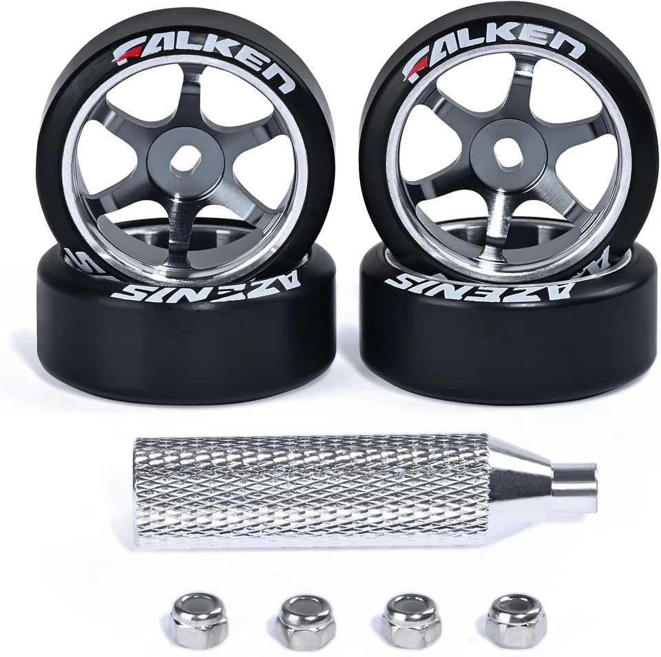 4 piezas Buje de rueda de deriva de coche de radiocontrol de 22 mm 1/28 con neumáticos de deriva de coche de radiocontrol para 1/28 Mini-Q HG Foto 3 de 4