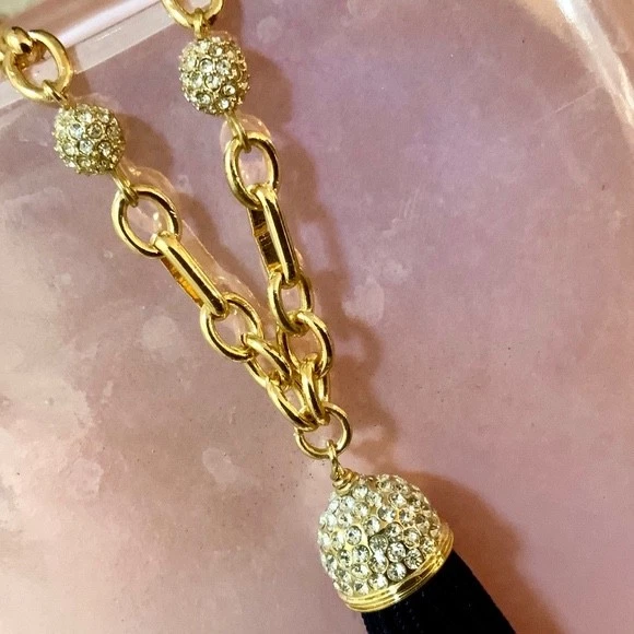 LILLY PULITZER NECKLACE NWT Midnight Tassel Gold  Crystal Pave Ball Chain - Image 4 of 4