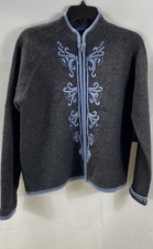 Karen Scott Petites NWT Gray Blue Wool Embroidered Full Zip Sweater Women PL