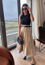 NWT ZARA WOMAN SIZE S SS25 SHOULDER PAD MIDI DRESS COTTON SAND/BLACK 0387/052