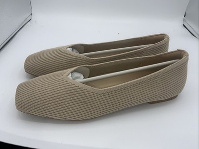 Women Arromic Flats Shoes, Square Toe Ballet, Comfortable Knit, Beige, Size 6