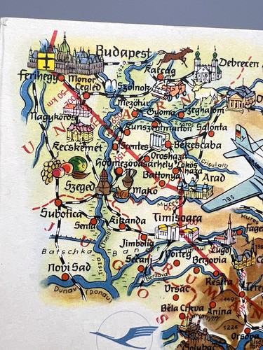 1959 Deutsche Lufthansa Litho Postcard Flying Map Budapest Sofia Flight IL-18 - Picture 4 of 8
